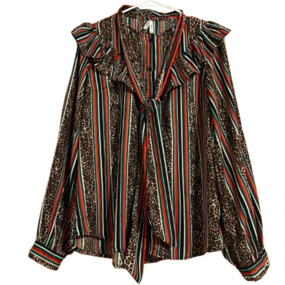 Truth NYC Red Multi Ruffle w/ Neck Tie Detail Business Office Casual Shirt Sz-M - Picture 1 of 7